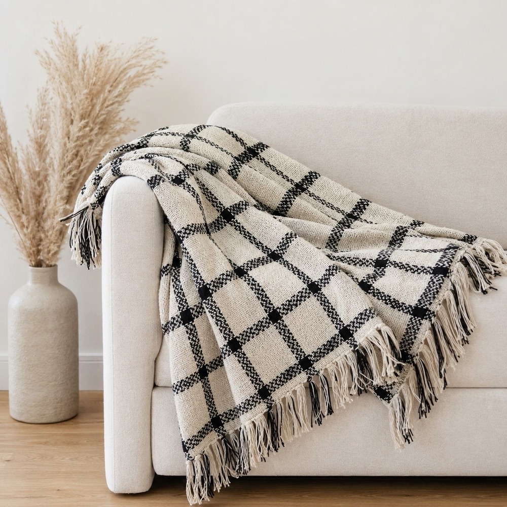 PD Home & Garden 60x40 Cotton Throw Blanket Black Cream‎ Plaid Fringed Woven